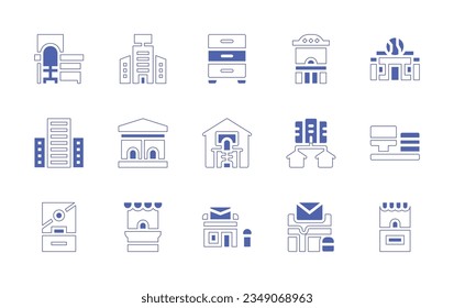 Conjunto de iconos de Office. Curso de línea de estilo duotónico y negrita. Ilustración vectorial. Conteniendo lugar de trabajo, impuestos, armario, boleto, oficina, casa, puesto.