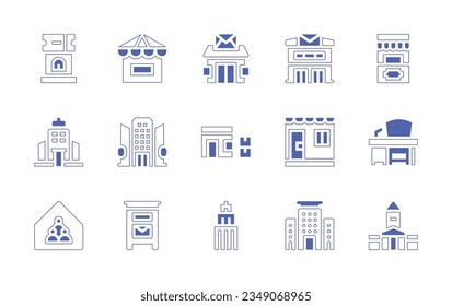 Office icon set. Duotone style line stroke and bold. Vector illustration. Containing ticket, office, post, desk, building, town, hall.