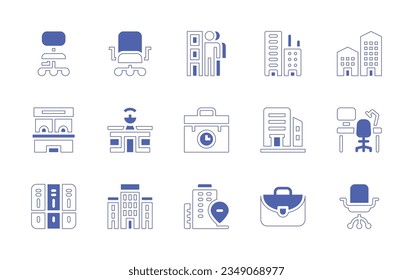Office icon set. Duotone style line stroke and bold. Vector illustration. Containing office, chair, coexistence, building, business, ticket, news, briefcase, workplace, folder, architectonic.