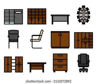 Office-Symbolsatz. Bearbeitbare, fette Rahmenlinie mit Farbfülldesign. Vektorgrafik.