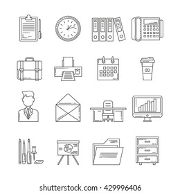 Office icon set with elements of workspace isolated and in line style vector illustration