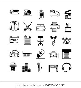 Office icon set filled black icon collection. Containing icons.