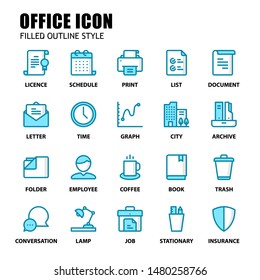 Office Icon Set Filled Outline Style Vector Illustration Blue Color. Print, Coffee, Schedule, Graph, Letter, File, Etc. Editable Stroke