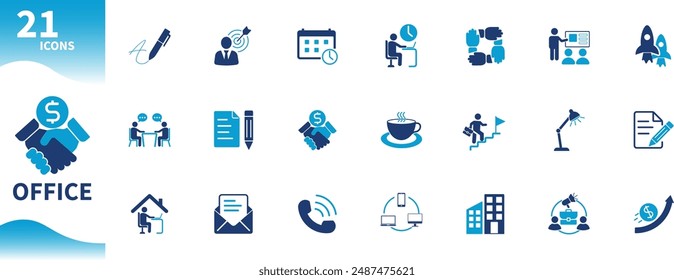 Icono de Office. Conjunto de iconos para el trabajo, reunión, firma, apretón de manos, café, ordenador...