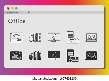 office icon set. included professor, books, online-learning, login, microscope icons on white background. linear, filled styles.