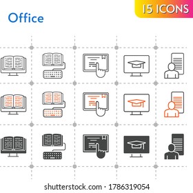 office icon set. included study, ebook, homework, touchscreen icons on white background. linear, bicolor, filled styles.