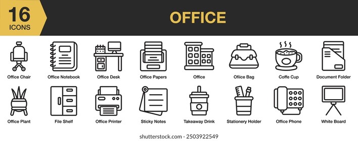 Office icon set. Includes coffee cup, file shelf, office chair, stationery holder, sticky notes, and More. Outline icons vector collection.