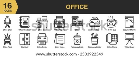 Office icon set. Includes coffee cup, file shelf, office chair, stationery holder, sticky notes, and More. Outline icons vector collection.