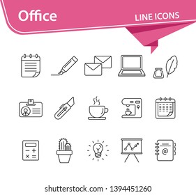 Office icon set. Line icons collection on white background. Coffee, planner, freelancing. Management concept. Can be used for topics like business, work, presentation