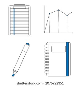 Office Icon Set. Line Icons Collection On White Background. Planner. Management Concept. For Topics Like Business, Work, Presentation. 
Marker, diary, task list, sales schedule.