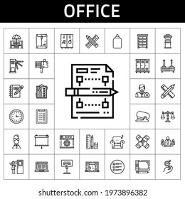 office icon set. line icon style. office related icons such as door, glue, wall clock, laptop, clipboard, school material, locker, router, balance, projector, armchair, web development