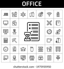 office icon set. line icon style. office related icons such as office chair, customer service, wall clock, employee, laptop, pencil case, house, computer, balance, pencils