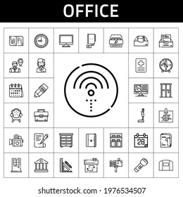 Office Icon Set. Line Icon Style. Office Related Icons Such As Door, Customer Service, Employee, House, Computer, Bank, Armchair, Contact, Legal, Pen, Stationery, Hospital