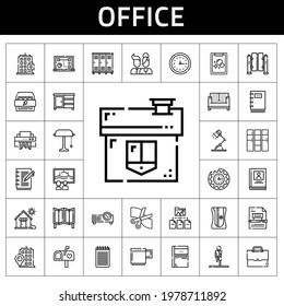 office icon set. line icon style. office related icons such as shredder, notepad, wall clock, sketchbook, stretching, laptop, house, locker, building, projector, sharpener