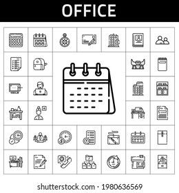 Bürosymbol eingestellt. Zeilensymbol-Stil. Bürosymbole wie Notizblock, Wanduhr, Haus, Gebäude, Windrose, Datei, Möbel, Postkarte, Schärfer, Aufgaben, Kalender, Taschenrechner