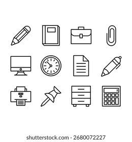 Office Icon Set Outline, Editable line icon set in a black simple and clean vector outline stroke for business.