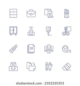 Office icon set. Thin line icon. Editable stroke. Containing archives, briefcase, folder, pencilcase, cabinet, company, glue, scissors, cutter, documents, office, tape, drawer, file, pen, rubber.