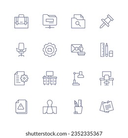 Conjunto de iconos de Office. Icono de línea delgada. Trazo editable. Conteniendo maleta, carpeta, pasador, silla, equipo, correo, papel, documento, oficina, estudio, lugar de trabajo, archivo, clip de papel, portalápiz.