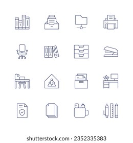 Office-Icon-Set. Dünne Linie Symbol. Bearbeitbarer Strich. Bindemittel, Ordner, Drucker, Stuhl, Ordner, Inbox, Stapler, Schreibtisch, Büro-, Speicher-, Arbeitsraum, Datei, Papier, Bleistiftkasten, Schreibwaren.