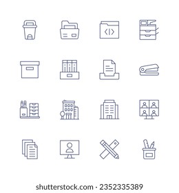 Conjunto de iconos de Office. Icono de línea delgada. Trazo editable. Conteniendo papelera, carpeta, impresora, cartón, carpetas, bandeja de entrada, grapadora, organizador de escritorio, oficina, videoconferencia, archivo, en línea, lápiz, papel.