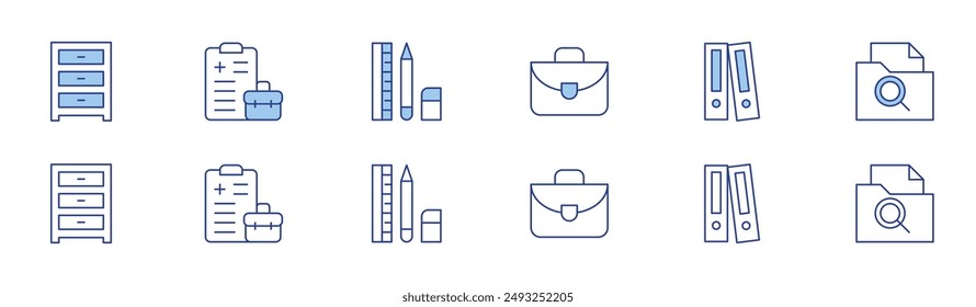 Office icon set in two styles, Duotone and Thin Line style. Editable stroke. briefcase, cabinet, office syndrome, folder, stationary.