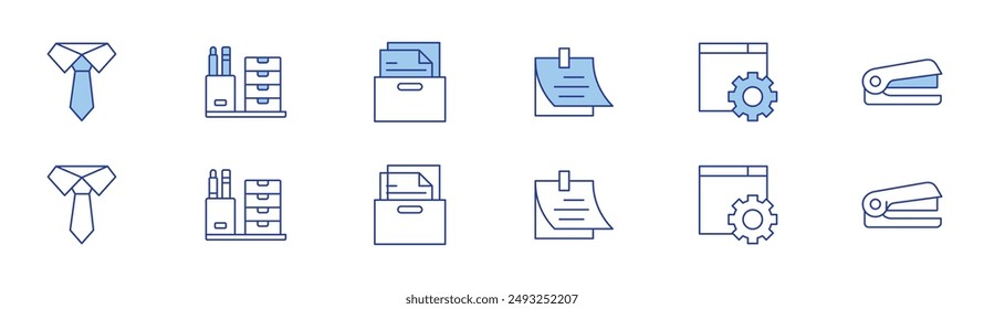 Office icon set in two styles, Duotone and Thin Line style. Editable stroke. sticky note, settings, tie, stapler, desk organizer, storage box.