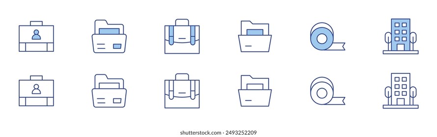 Office icon set in two styles, Duotone and Thin Line style. Editable stroke. briefcase, folder, tape, building.
