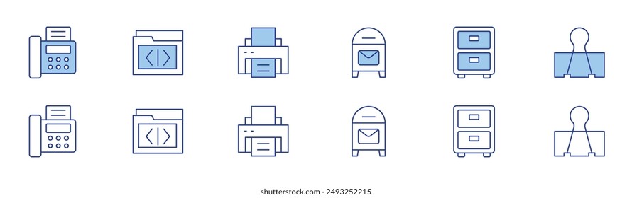 Office icon set in two styles, Duotone and Thin Line style. Editable stroke. post office, filling cabinet, fax, folder, printer, paper clip.