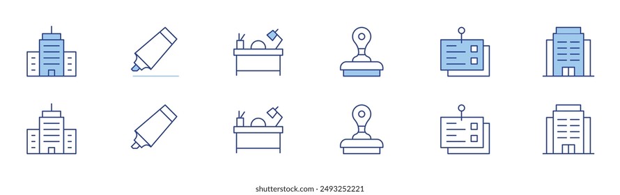 Office icon set in two styles, Duotone and Thin Line style. Editable stroke. corporate, marker, desk, stamp, notes, office.