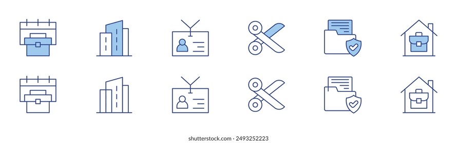 Office icon set in two styles, Duotone and Thin Line style. Editable stroke. scissors, documents, office, building, home, badge.