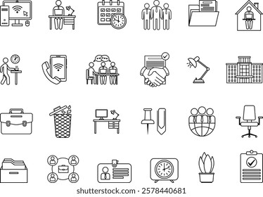 Office Icon Set. Vector Icons Computer, Employee, Team, Desk, Office Chair, Documents, Archive, Meetings, Trash, Briefcase, Corporate, Coffee Break and Others
