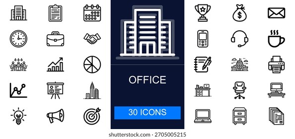 Conjunto de iconos de Office. Herramientas en el lugar de trabajo, reuniones de negocios, productividad, planificación, comunicación, documentos, análisis y más. Iconos vectoriales de línea fina para oficinas corporativas, flujo de trabajo y operaciones comerciales