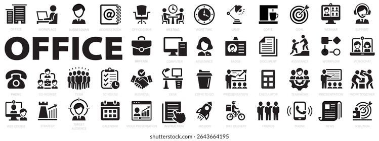 Office icon set. Office and workplace web icons. Briefcase, desk, computer, meeting, employee, schedule and co-worker, business, support and more. Editable stroke. Vector illustration