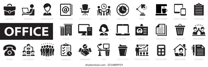 Conjunto de iconos de Office. Colección de iconos de espacio de trabajo de oficina - conjunto de iconos de Web plano. Contiene maletín, escritorio, computadora, reunión, empleado, horario, coworking, escritorio, equipo y más. Trazo editable. 