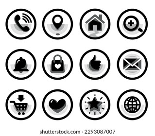 Office icon, web page sign. Vector illustration, clip art buttons in black circle. Black and white symbol. 