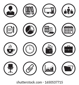 Iconos de oficina. Diseño Plano Negro En Círculo. Ilustración vectorial.