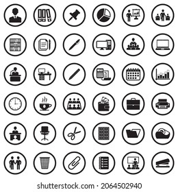Office Icons. Black Flat Design In Circle. Vector Illustration.