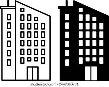 Office icons. Black and White Vector Icons of High Rise Office Building. Construction, Apartment, Business, Workplace. Architectural Concept