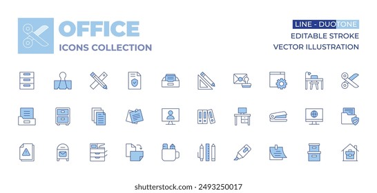 Colección de iconos de Office. Estilo Duotone de línea, trazo editable. espacio de trabajo, nota adhesiva, tijeras, documentos, resaltador, Configuraciones, hogar, computadora, cartón, grapadora, escritorio, correo.