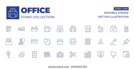 Office icons collection. Thin Line icons, editable stroke. table, folder, rubber, scissors, glue, file, drawer, cabinet, id card, desk, storage box, folders, binder.