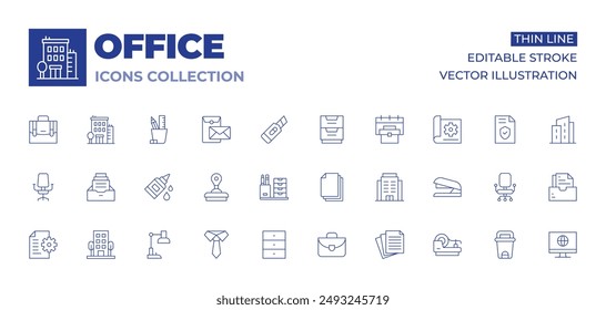 Office icons collection. Thin Line icons, editable stroke. glue, postal, building, stamp, tie, office, folder, study, document, chair, pencil holder, briefcase.