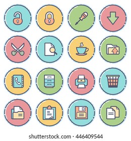 Office icons. Contour lines with color fills. Flat design.