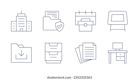Office icons. Editable stroke. Containing corporate, documents, office, table, download, file, paper, workspace.
