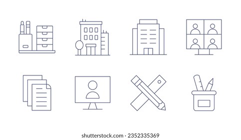 Office icons. Editable stroke. Containing desk organizer, office, video conference, file, online, pencil, stationery.