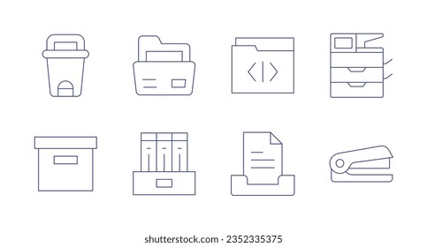 Office icons. Editable stroke. Containing bin, folder, printer, cardboard, folders, inbox, stapler.