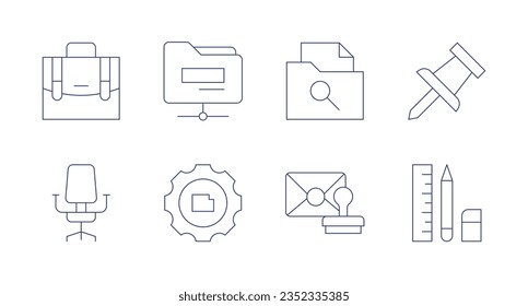Office icons. Editable stroke. Containing briefcase, folder, push pin, chair, gear, mail, stationary.
