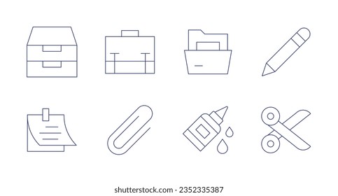 Office icons. Editable stroke. Containing archive, briefcase, folder, pencil, sticky note, clip, glue, scissors.