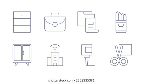 Office icons. Editable stroke. Containing archives, briefcase, folder, pencilcase, cabinet, company, glue, scissors.