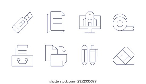Office icons. Editable stroke. Containing cutter, documents, office, tape, drawer, file, pen, rubber.