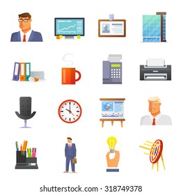 Office icons flat set with businessmen avatars and stationery items isolated vector illustration